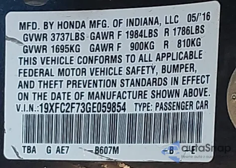 2016 Honda Civic Ex из США, поврежденный, VIN 19XFC2F73GE059854